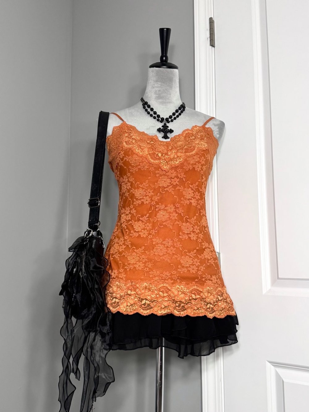 Y2K Studio Y Rustic Orange Floral Lace Trim Long Length Cami Tank